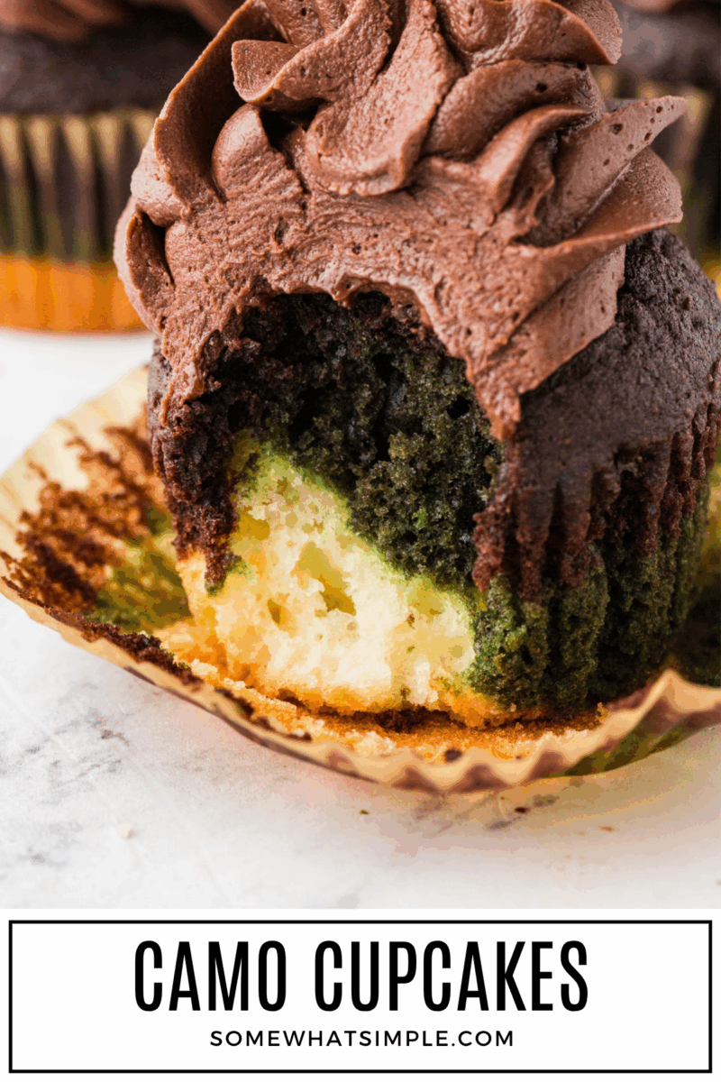 long image of a camo cupcake with a bite out of it