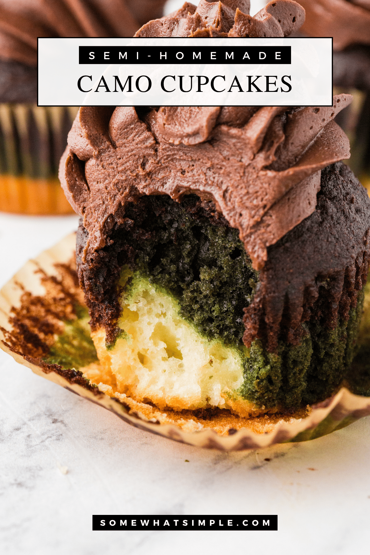 Celebrate your favorite soldier with these easy Camo Cupcakes! Perfect for military parties, Army birthdays, or welcome-home events. via @somewhatsimple