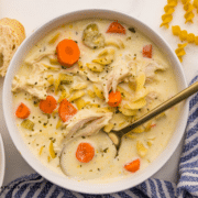 Finished Crockpot Creamy Chicken Noodle Soup in a white bowl.