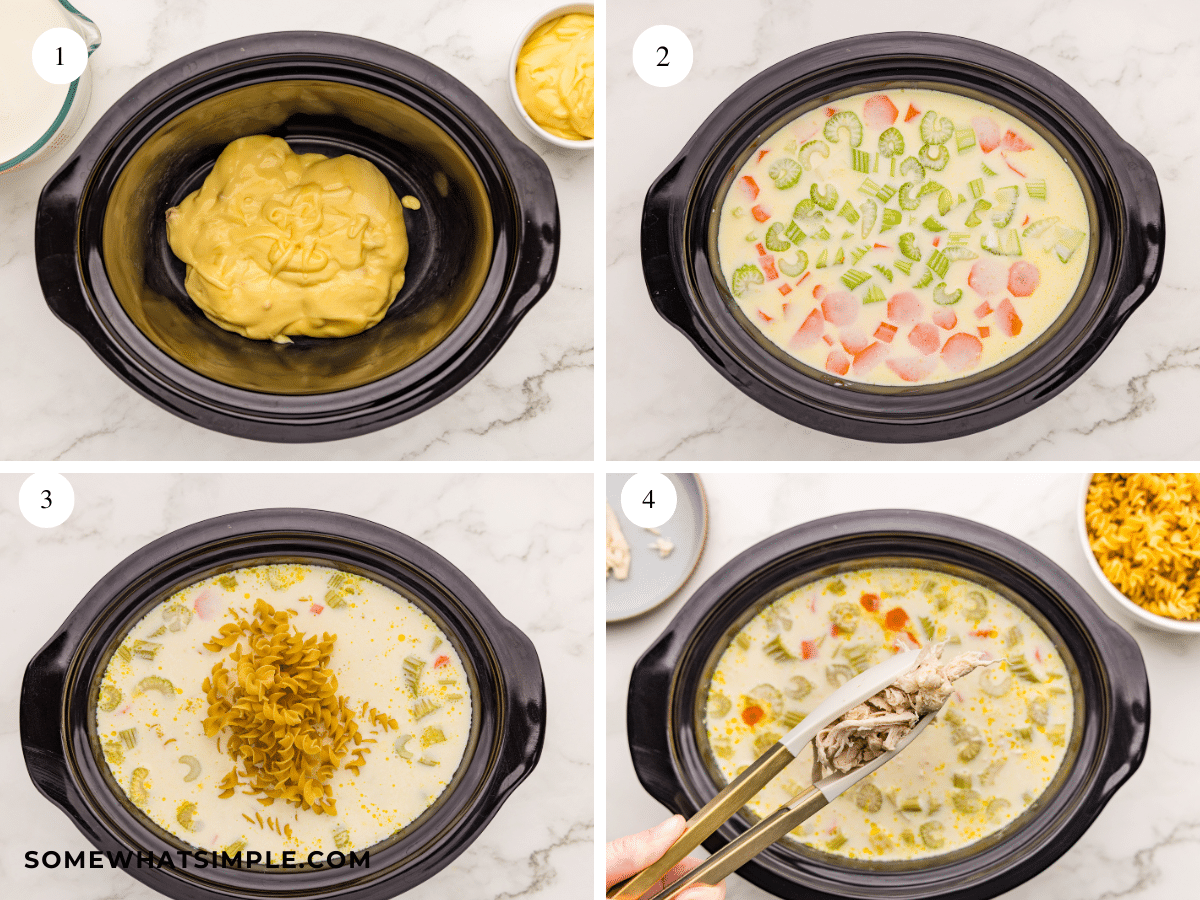 Directions showing how to make Crockpot Creamy Chicken Noodle Soup