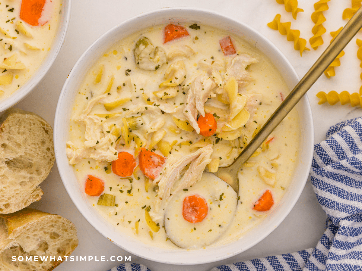 Overhead shot of Crockpot Creamy Chicken Noodle Soup in a white bowl with a gold spoon