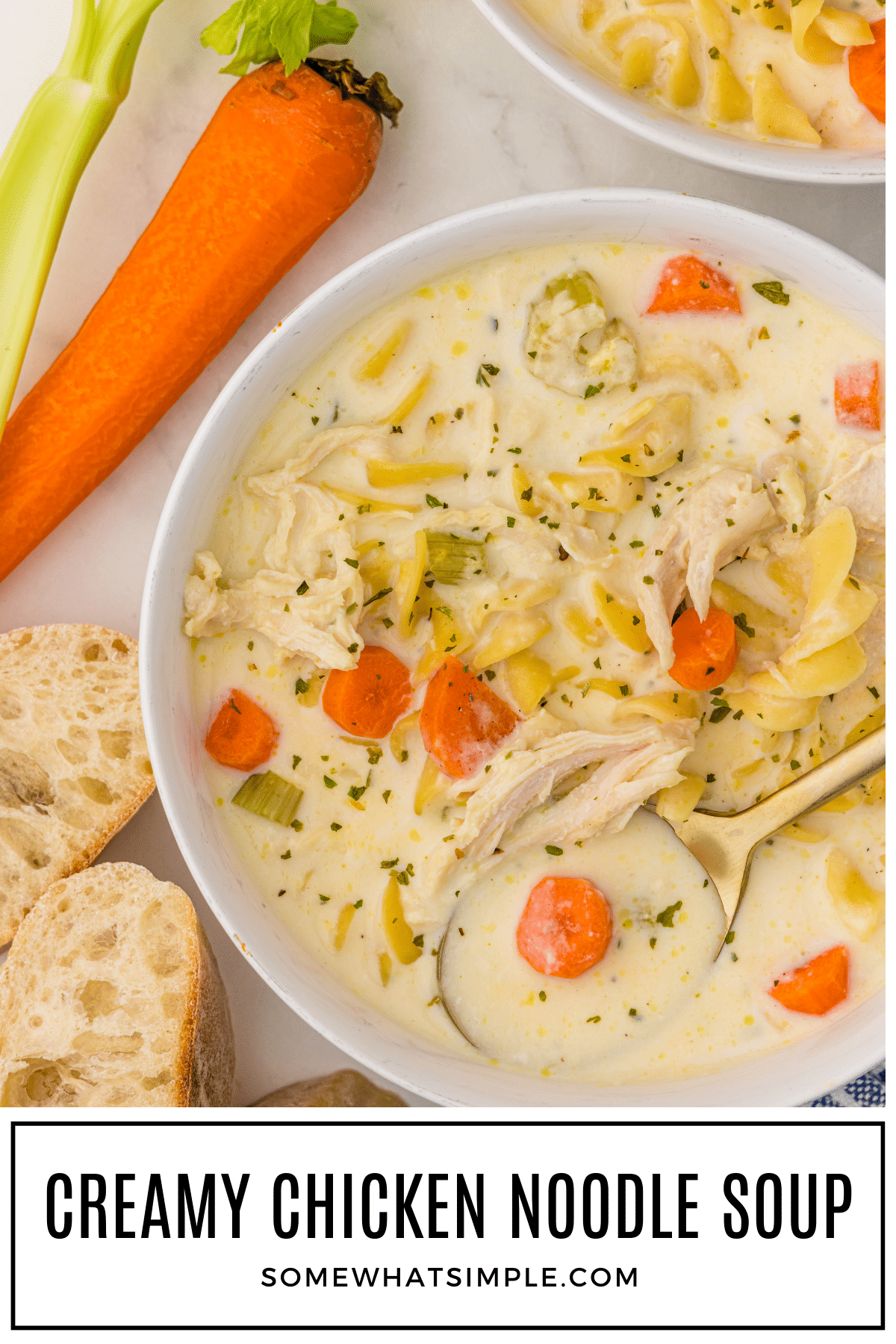 Creamy chicken noodle soup is a no-fuss, flavorful dinner. It's comfort food at its finest, ready to serve the whole family! via @somewhatsimple