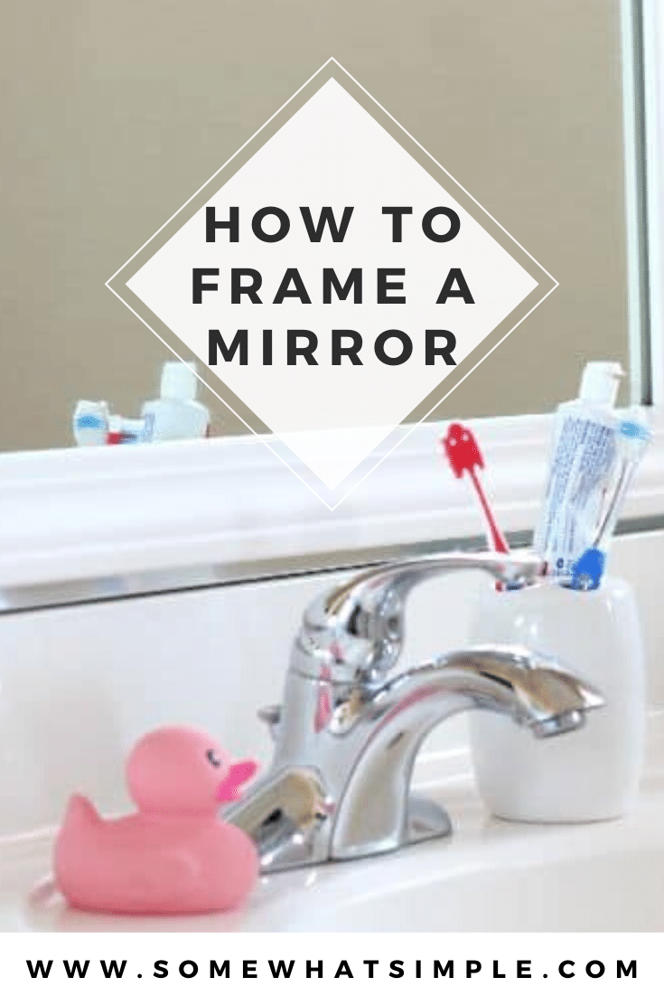 Have you ever wanted to frame your bathroom mirror but those plastic clips kept getting in the way? This easy step by step tutorial will show you how to frame your mirror over those plastic clips quickly. #howtoframeamirror #howtoframeabathroommirror #howtoframeamirrorwithplasticclips #easywaytoframeamirror #howtoframeamirrorwithbuildergradeclips via @somewhatsimple