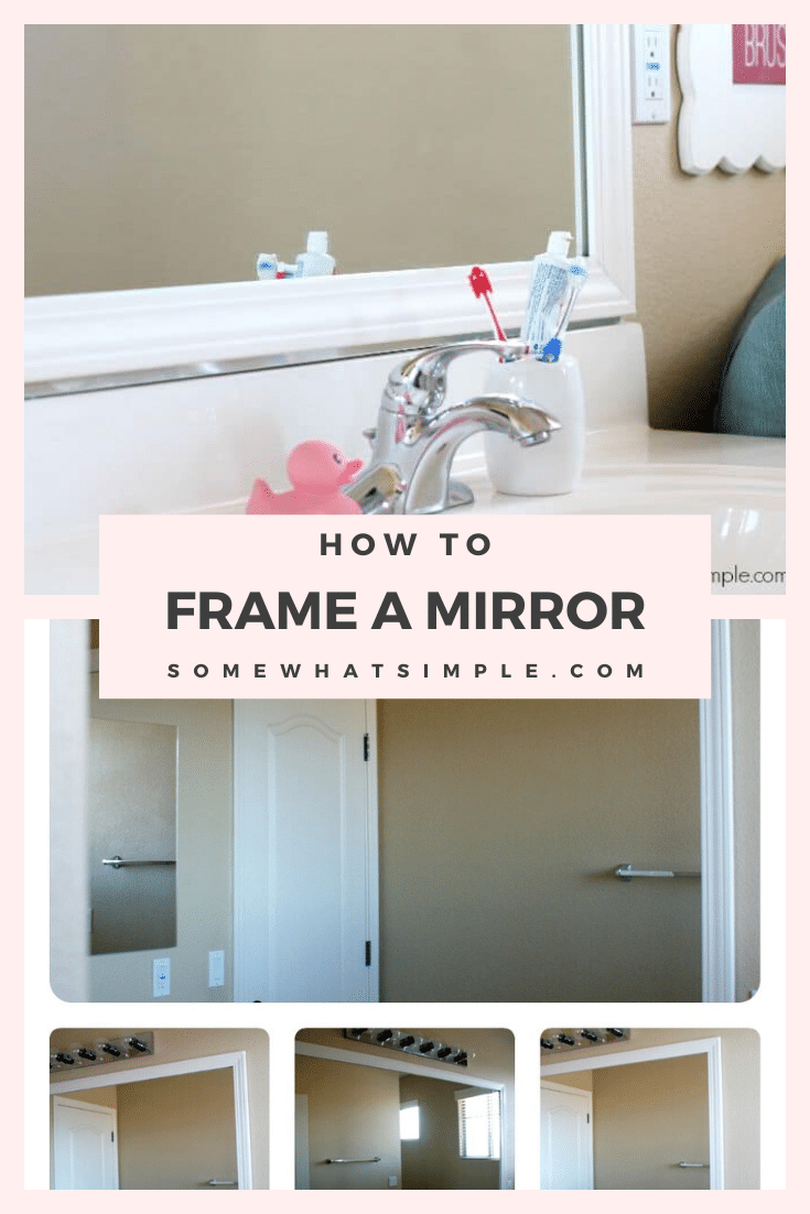 Have you ever wanted to frame your bathroom mirror but those plastic clips kept getting in the way? This easy step by step tutorial will show you how to frame your mirror over those plastic clips quickly. #howtoframeamirror #howtoframeabathroommirror #howtoframeamirrorwithplasticclips #easywaytoframeamirror #howtoframeamirrorwithbuildergradeclips via @somewhatsimple