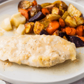 plated Garlic Chicken with roasted veggies