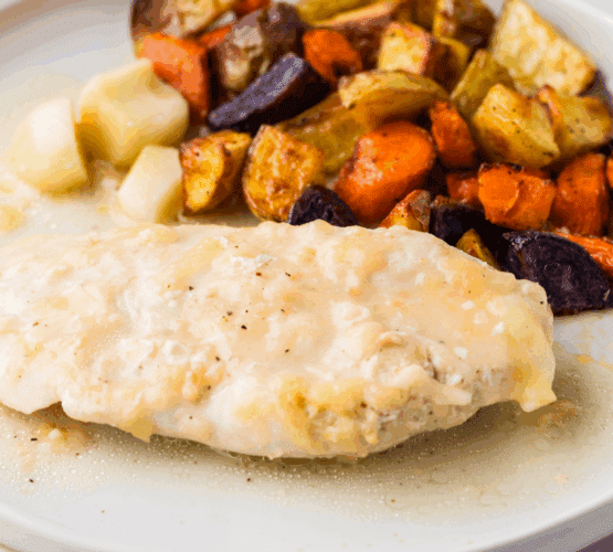 plated Garlic Chicken with roasted veggies