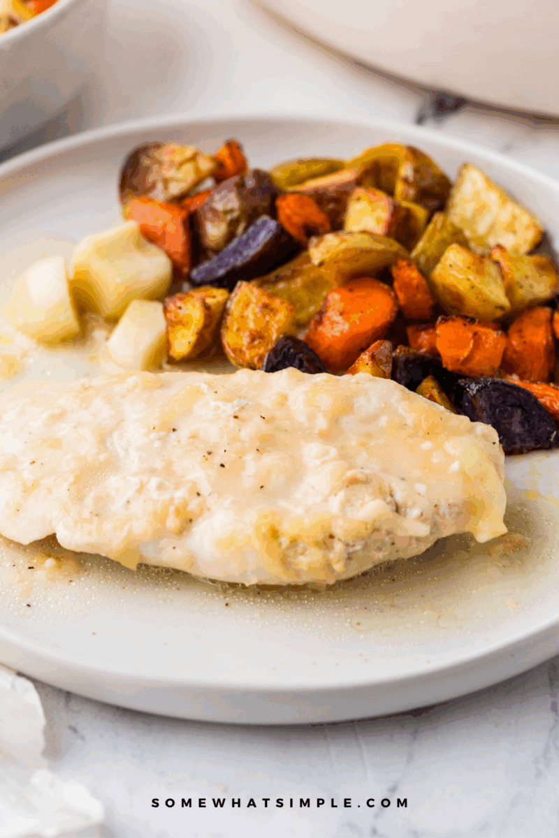 plated Garlic Chicken with roasted veggies