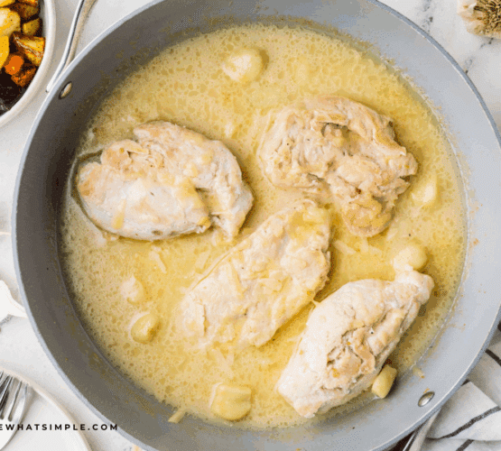 Garlic Chicken in a skillet in a creamy sauce