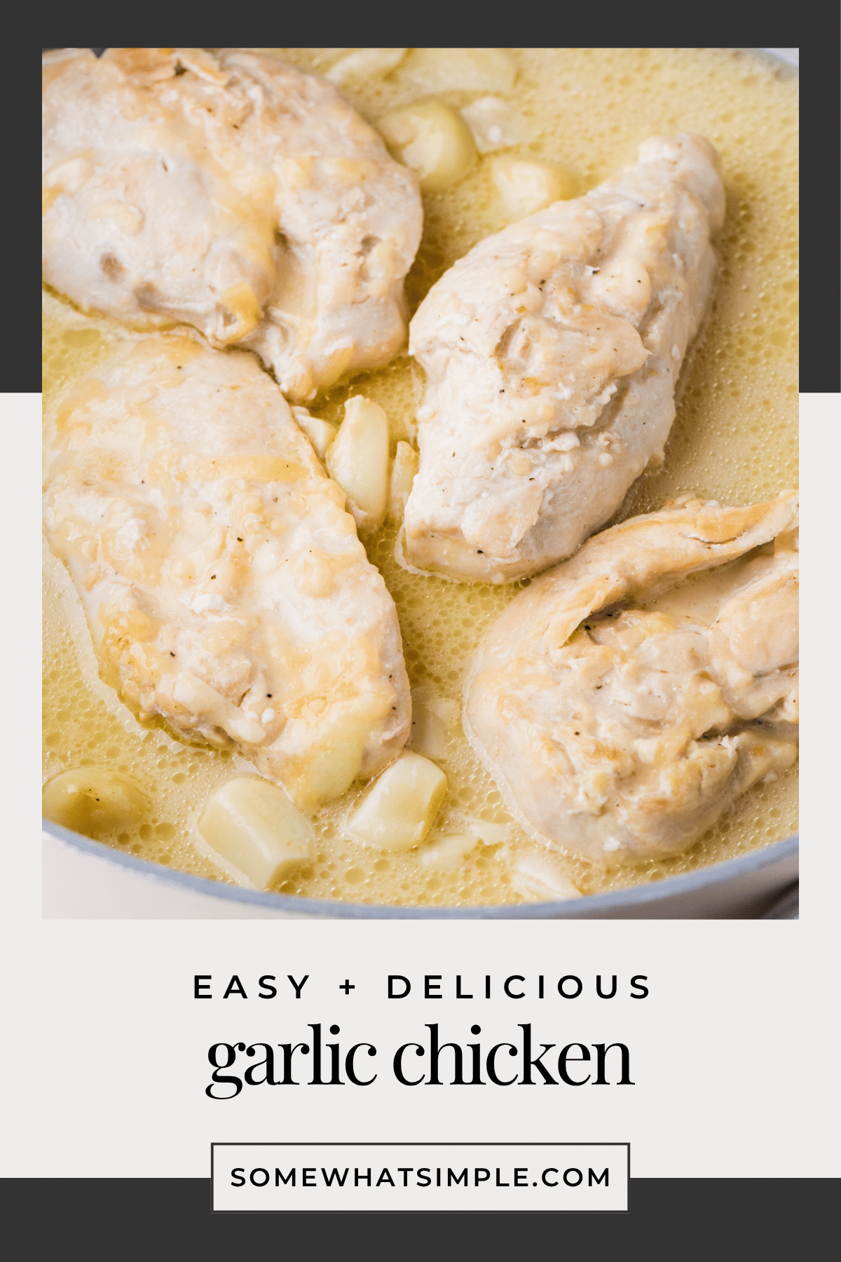 This easy Garlic Chicken recipe is ready in under 15 minutes and made with simple ingredients -chicken, garlic, and Caesar dressing. A quick, flavorful dinner your family will love! via @somewhatsimple