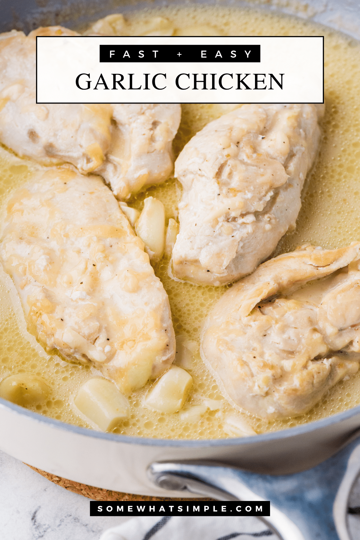 This easy Garlic Chicken recipe is ready in under 15 minutes and made with simple ingredients -chicken, garlic, and Caesar dressing. A quick, flavorful dinner your family will love! via @somewhatsimple