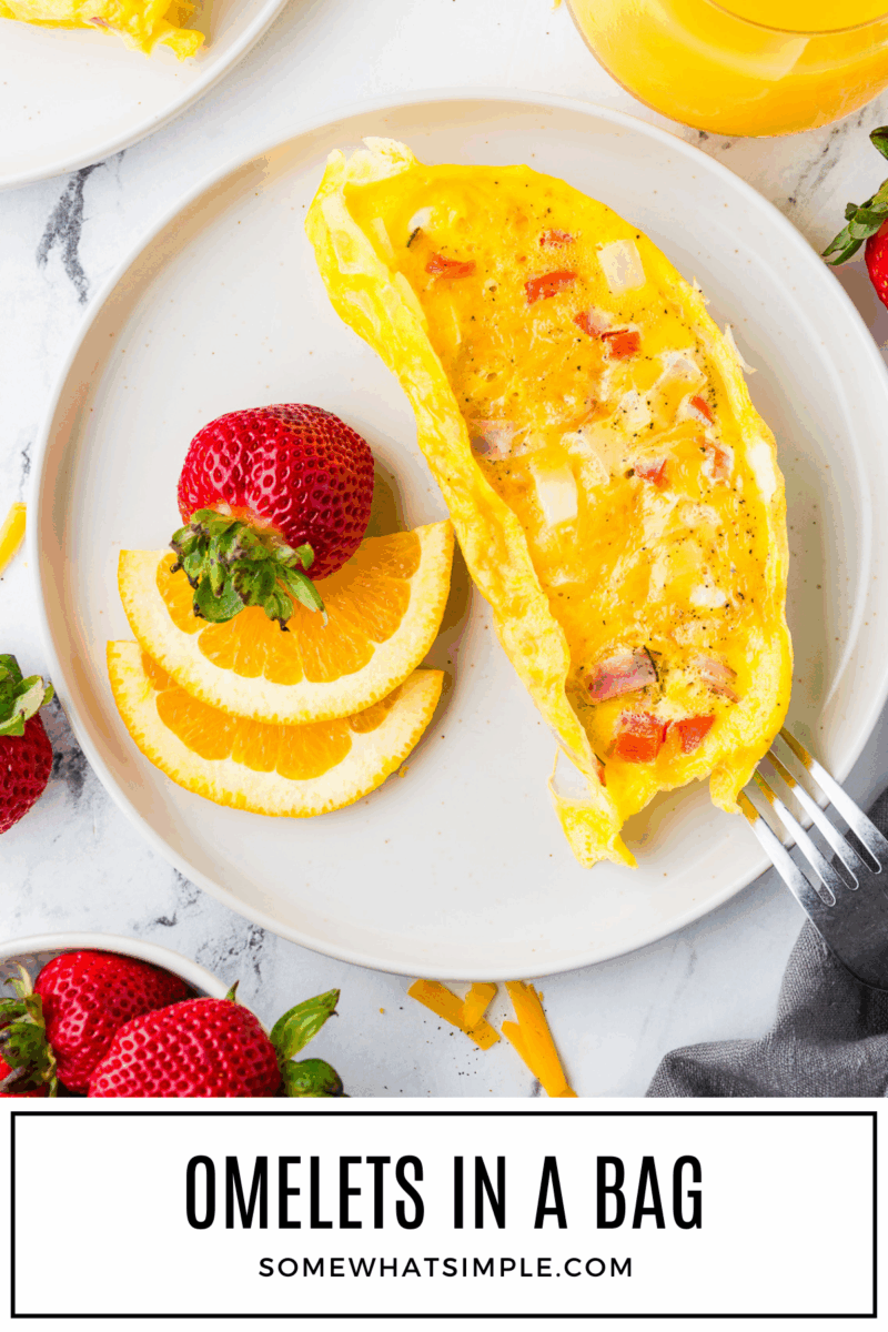 long image of Omelets in a Bag, plated with text overlay