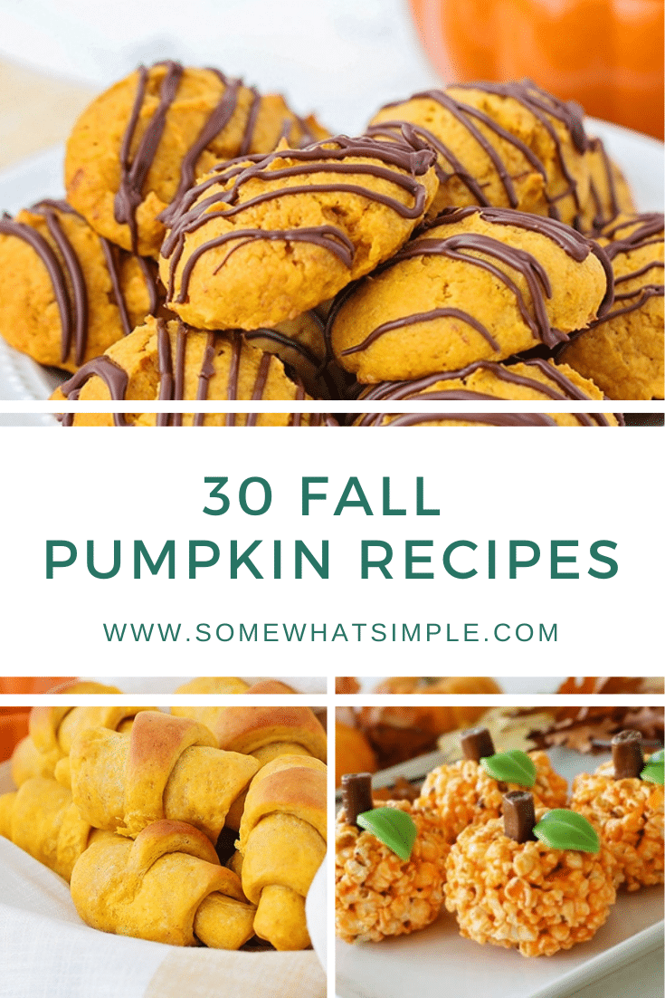 'Tis the season for pumpkin spice and everything nice! From pancakes to French toast and from cookies to dinner rolls, there's a recipe everyone will enjoy. Here are 30 recipes for fall food and drinks! #fallrecipes #pumpkinrecipes #pumpkinbreakfastrecipes #pumpkindessertrecipes #easypumpkinrecipeideas via @somewhatsimple