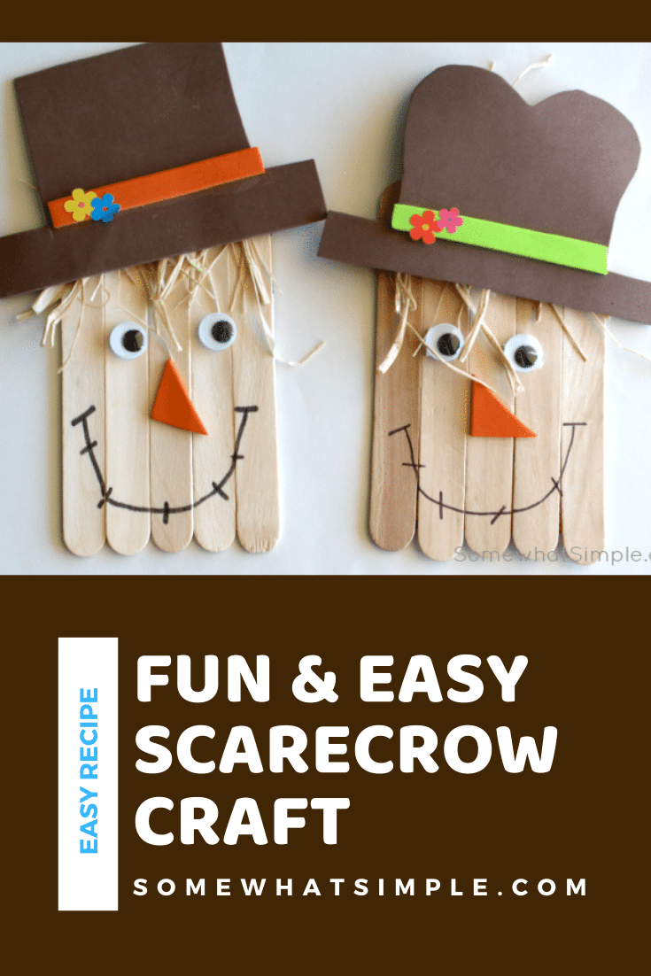 Grab a few simple supplies and get ready to create a darling little scarecrow! This simple scarecrow craft is the perfect art project to do with your kids this fall! Made with popsicle sticks and a few other basic supplies, this activity is perfect for kids of all ages. #fall #craft #kidscraft #halloween #scarecrow #scarecrowcraft via @somewhatsimple