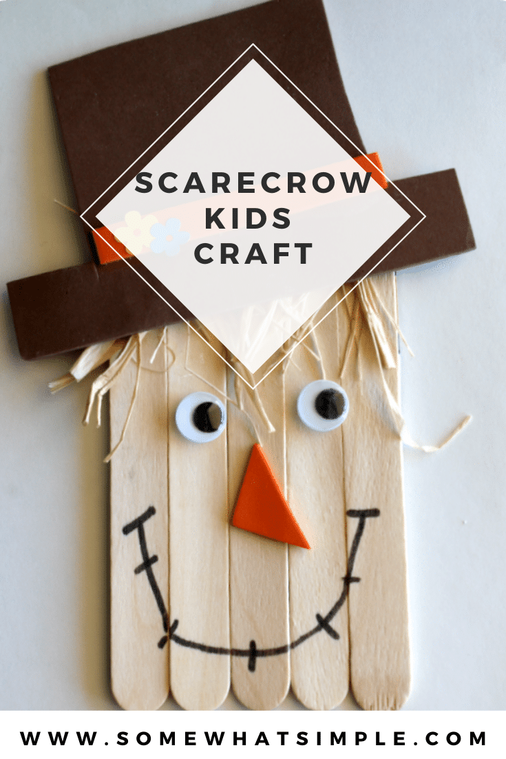 Grab a few simple supplies and get ready to create a darling little scarecrow! This simple scarecrow craft is the perfect art project to do with your kids this fall! Made with popsicle sticks and a few other basic supplies, this activity is perfect for kids of all ages. #fall #craft #kidscraft #halloween #scarecrow #scarecrowcraft via @somewhatsimple