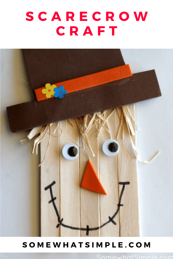 Grab a few simple supplies and get ready to create a darling little scarecrow! This simple scarecrow craft is the perfect art project to do with your kids this fall! Made with popsicle sticks and a few other basic supplies, this activity is perfect for kids of all ages. #fall #craft #kidscraft #halloween #scarecrow #scarecrowcraft via @somewhatsimple