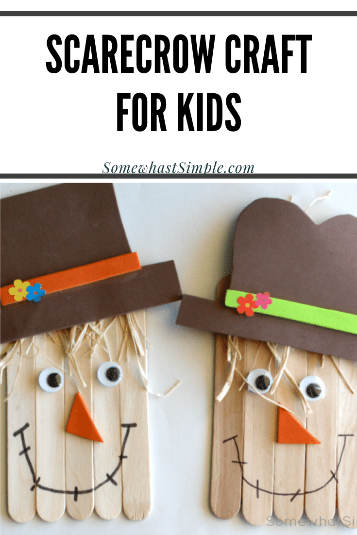Grab a few simple supplies and get ready to create a darling little scarecrow! This simple scarecrow craft is the perfect art project to do with your kids this fall! Made with popsicle sticks and a few other basic supplies, this activity is perfect for kids of all ages. #fall #craft #kidscraft #halloween #scarecrow #scarecrowcraft via @somewhatsimple