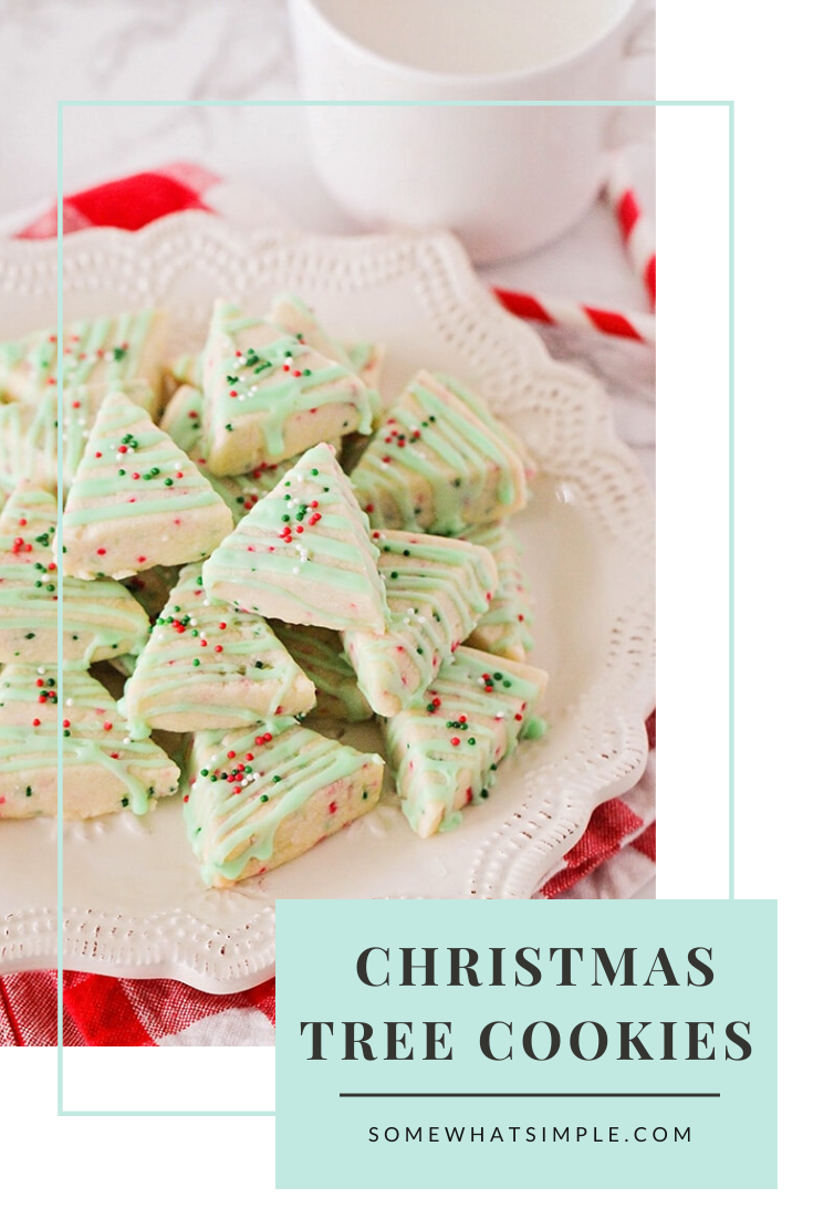 Shortbread Cookies are sweet and buttery and melt in your mouth! These Shortbread Christmas Cookies are easy to make and only require a few simple ingredients! Decorated to look like Christmas trees, this delicious cookies are simple and easy to make during the holiday season. They're perfect to share at your Christmas party with friends and neighbors. via @somewhatsimple