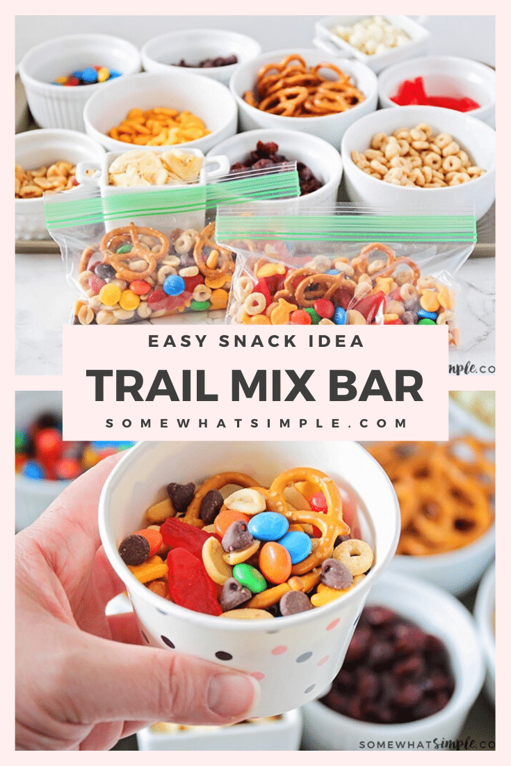 This make your own trail mix bar is such a fun way to get the kids involved. Lay out a variety of trail mix ingredients, and let them assemble their own trail mix snack! It's easy to do and everyone is happy! #trailmix #trailmixrecipe #trailmixbar #kidstrailmix #funtrailmix #easysnackidea via @somewhatsimple