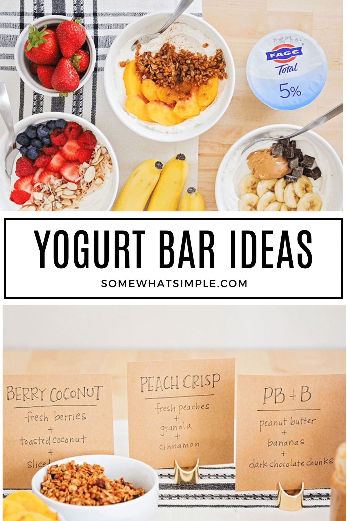 This delicious and fun yogurt bar is so easy to put together, and makes a perfect after school snack or special breakfast! #yogurt #yogurtbar #yogurtbarinngredients #yogurtbowl via @somewhatsimple