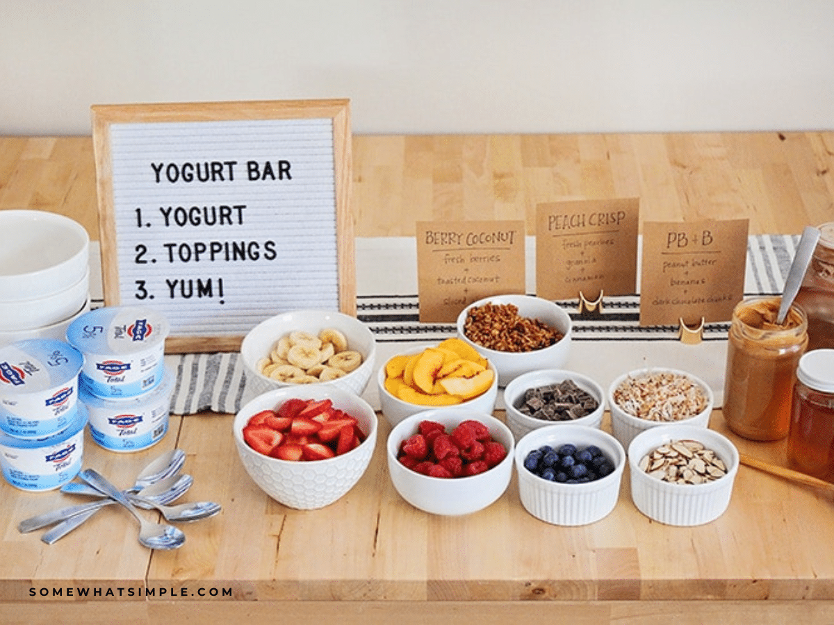 ingredients for a yogurt bar laid out on the counter