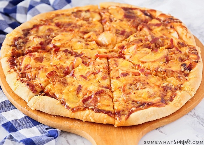 a freshly baked Apple Cheddar Bacon Pizza
