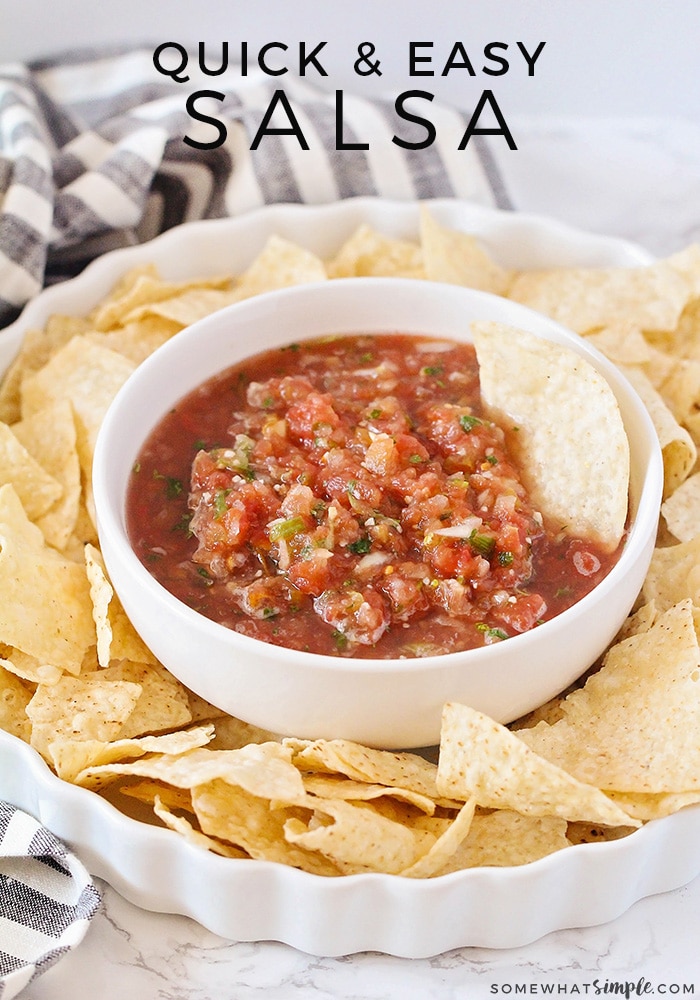 This easy blender salsa recipe is quick way to enjoy a batch of fresh salsa any time you're craving it.  Using your blender and a few basic ingredients, this method is so simple to make and it tastes amazing! via @somewhatsimple