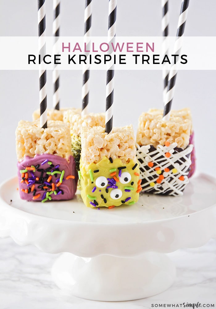 With just a few basic ingredients and 30 minutes of your time, you can make these fun chocolate dipped Halloween Rice Krispie Treats that are both cute and simple! They're the perfect dessert to serve at your Halloween party or to enjoy as an afternoon snack. via @somewhatsimple