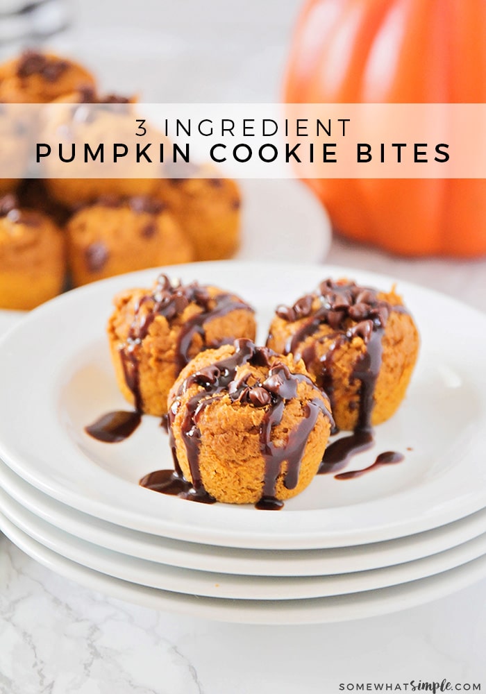 These Pumpkin Cookie Bites are made with only 3 ingredients and are ready in just 10 minutes! They are super easy to make and turn out soft and delicious every time! They're a simple fall dessert that can be enjoyed anytime! via @somewhatsimple