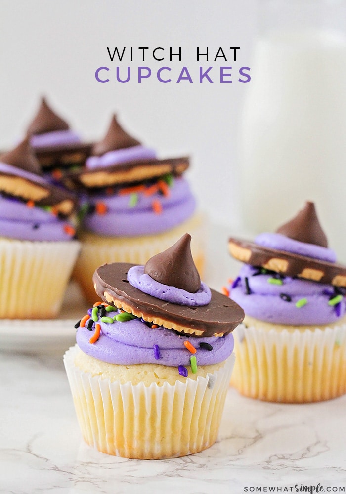 Witch hat cupcakes are easy to put together and they couldn't be any cuter! Plus they are nearly impossible to mess up, which is always a bonus with kitchen creations! Grab your kids and let's get cooking! #halloweencupcakes #witchhatcupcakes #howtomakewitchhatcupcakes #halloweencupcakesrecipe #witchhatcupcakerecipe via @somewhatsimple