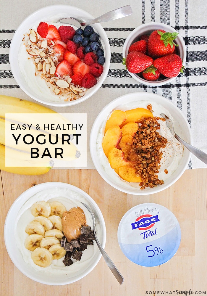 This delicious and fun yogurt bar is so easy to put together, and makes a perfect after school snack or special breakfast! #yogurt #yogurtbar #yogurtbarinngredients #yogurtbowl  via @somewhatsimple