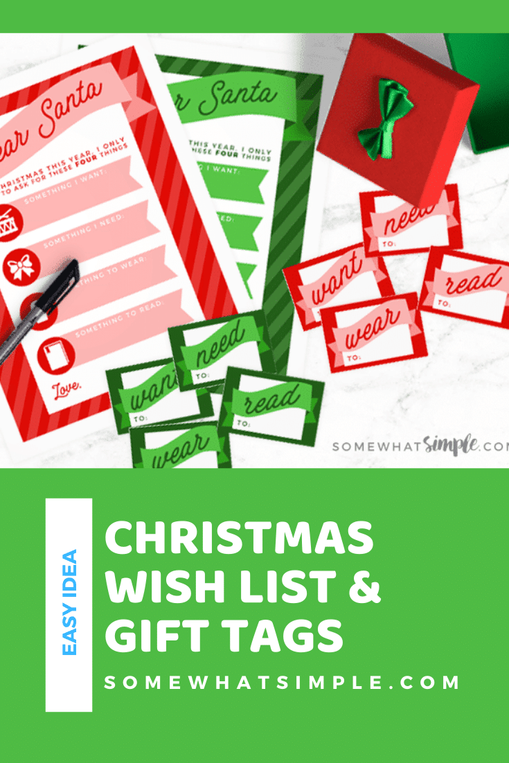 Christmas Wish List Santa Letters and Gift Tags: Create a simple Christmas Wish List with your kids.  Give them something they want, something they need, something they wear and something they read. This is an easy way to get the kids everything they'll need. Download your free copy of these printables today! via @somewhatsimple