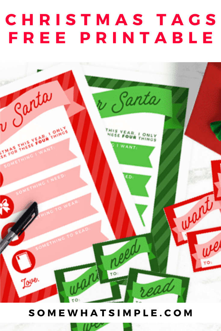 Christmas Wish List Santa Letters and Gift Tags: Create a simple Christmas Wish List with your kids.  Give them something they want, something they need, something they wear and something they read. This is an easy way to get the kids everything they'll need. Download your free copy of these printables today! via @somewhatsimple