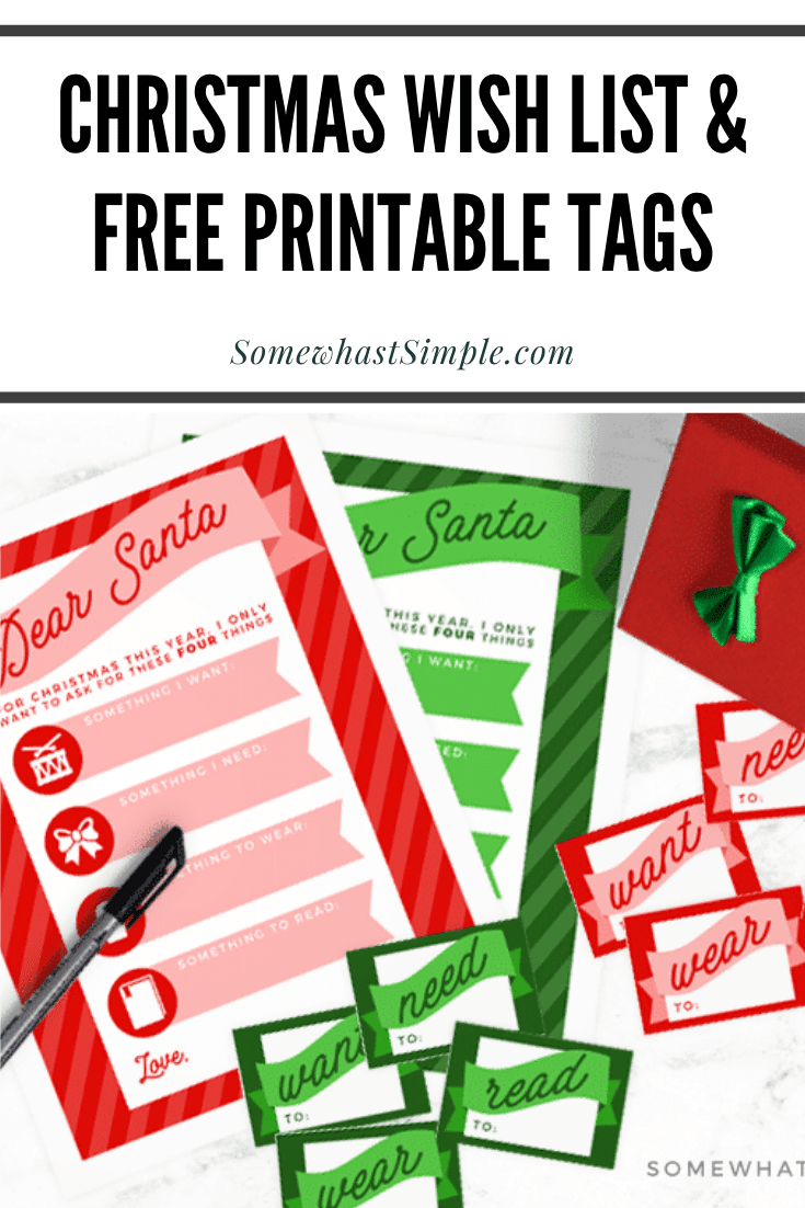Christmas Wish List Santa Letters and Gift Tags: Create a simple Christmas Wish List with your kids.  Give them something they want, something they need, something they wear and something they read. This is an easy way to get the kids everything they'll need. Download your free copy of these printables today! via @somewhatsimple