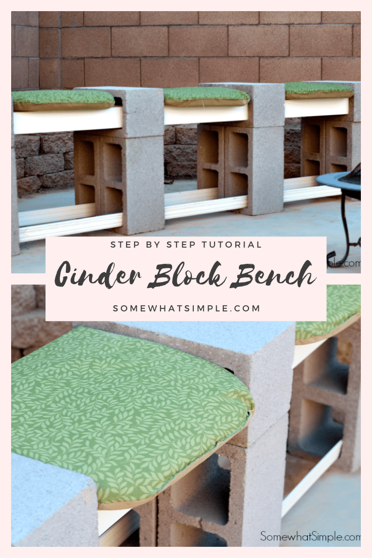 This easy tutorial will show you how to make a cinder block bench in 20 minutes for less than $30! With easy step by step instructions, you'll have it finished in no time! #cinderblockbench #diyhomedecor #easycinderblockbench #howtomakeacinderblockbench #cinderblockbenchideas via @somewhatsimple