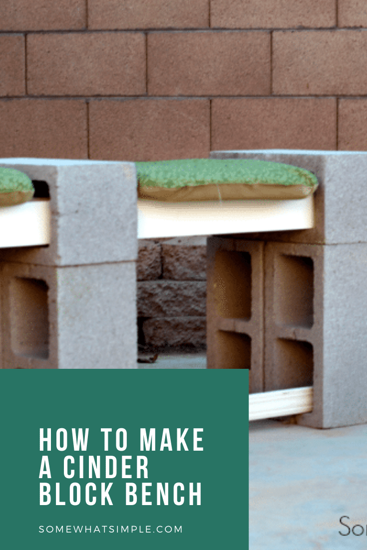 This easy tutorial will show you how to make a cinder block bench in 20 minutes for less than $30! With easy step by step instructions, you'll have it finished in no time! #cinderblockbench #diyhomedecor #easycinderblockbench #howtomakeacinderblockbench #cinderblockbenchideas via @somewhatsimple