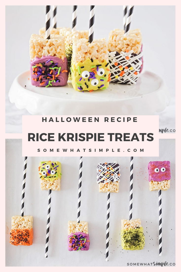 With just a few basic ingredients and 30 minutes of your time, you can make these fun chocolate dipped Halloween Rice Krispie Treats that are both cute and simple! They're the perfect dessert to serve at your Halloween party or to enjoy as an afternoon snack. via @somewhatsimple