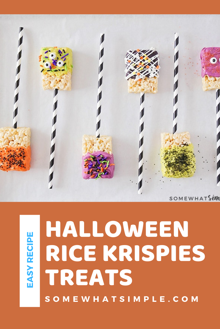 With just a few basic ingredients and 30 minutes of your time, you can make these fun chocolate dipped Halloween Rice Krispie Treats that are both cute and simple! They're the perfect dessert to serve at your Halloween party or to enjoy as an afternoon snack. via @somewhatsimple