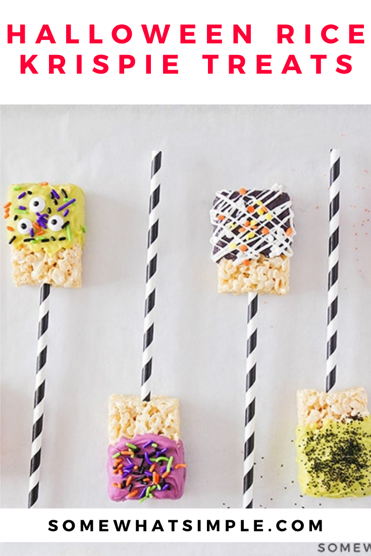 With just a few basic ingredients and 30 minutes of your time, you can make these fun chocolate dipped Halloween Rice Krispie Treats that are both cute and simple! They're the perfect dessert to serve at your Halloween party or to enjoy as an afternoon snack. via @somewhatsimple