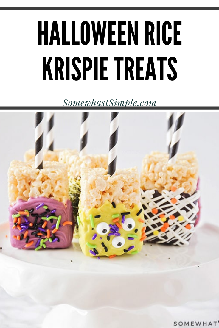 With just a few basic ingredients and 30 minutes of your time, you can make these fun chocolate dipped Halloween Rice Krispie Treats that are both cute and simple! They're the perfect dessert to serve at your Halloween party or to enjoy as an afternoon snack. via @somewhatsimple