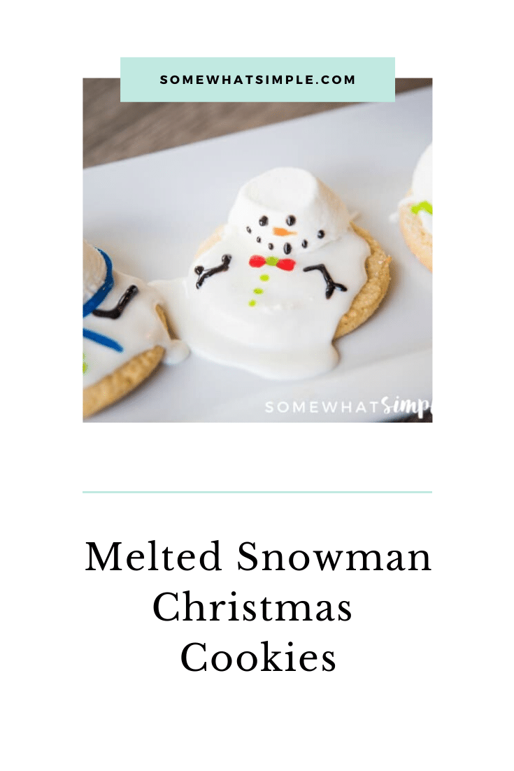 These melted snowman cookies are an easy winter treat your kids, coworkers, or party guests will LOVE!  These are some of my favorite cookies to make during the Christmas season. Made with sugar cookies and decorated to look like snowmen melting in the sun, these cookies will be a hit all winter long. via @somewhatsimple