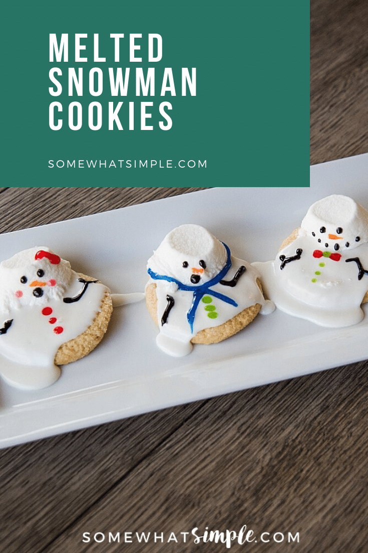 These melted snowman cookies are an easy winter treat your kids, coworkers, or party guests will LOVE!  These are some of my favorite cookies to make during the Christmas season. Made with sugar cookies and decorated to look like snowmen melting in the sun, these cookies will be a hit all winter long. via @somewhatsimple