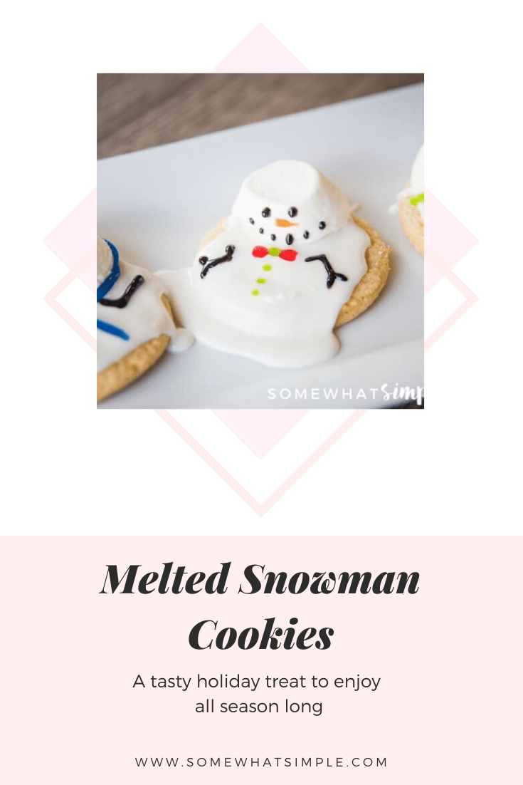 These melted snowman cookies are an easy winter treat your kids, coworkers, or party guests will LOVE!  These are some of my favorite cookies to make during the Christmas season. Made with sugar cookies and decorated to look like snowmen melting in the sun, these cookies will be a hit all winter long. via @somewhatsimple