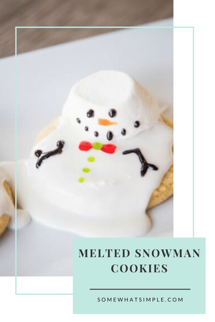 These melted snowman cookies are an easy winter treat your kids, coworkers, or party guests will LOVE!  These are some of my favorite cookies to make during the Christmas season. Made with sugar cookies and decorated to look like snowmen melting in the sun, these cookies will be a hit all winter long. via @somewhatsimple