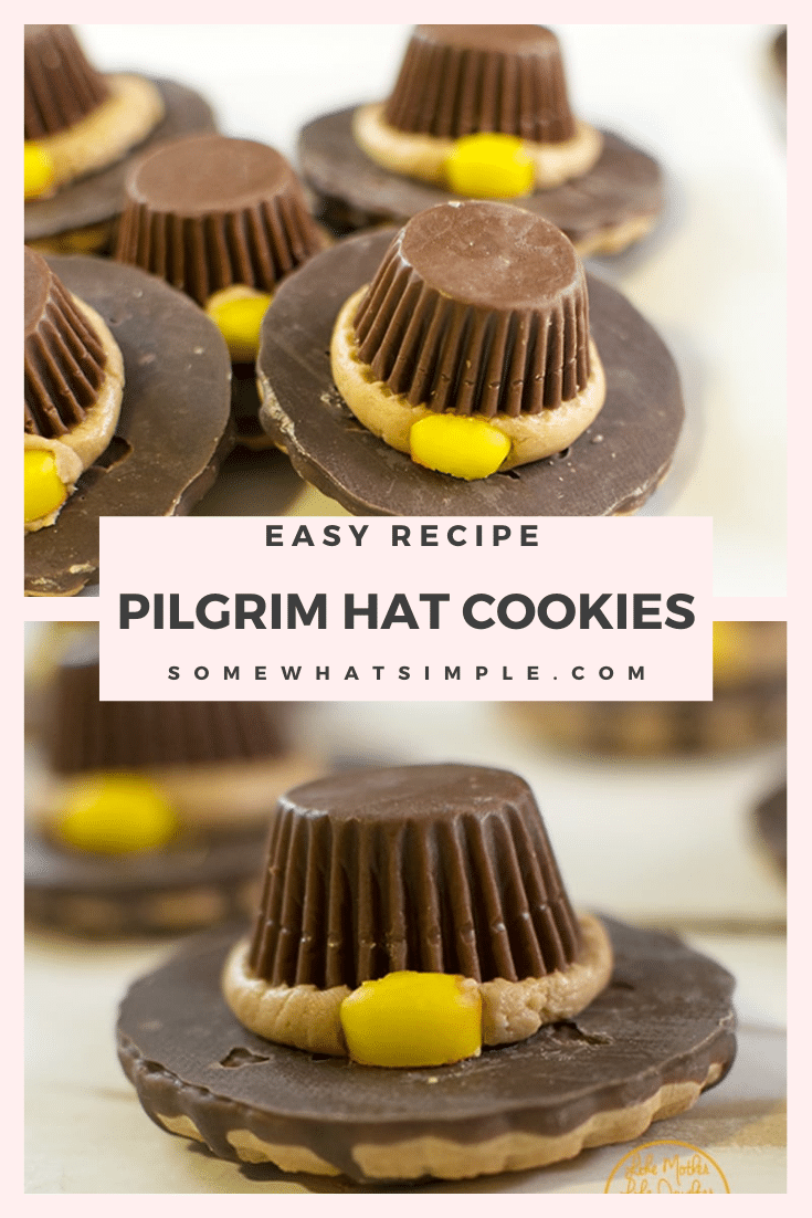 These pilgrim hat cookies are a fun dessert idea for Thanksgiving. They don't require any baking so they are impossible to mess up. In just a few easy steps you'll be able to make a plate full of these delicious and adorable cookies. They're the perfect cookie recipe for Thanksgiving! via @somewhatsimple