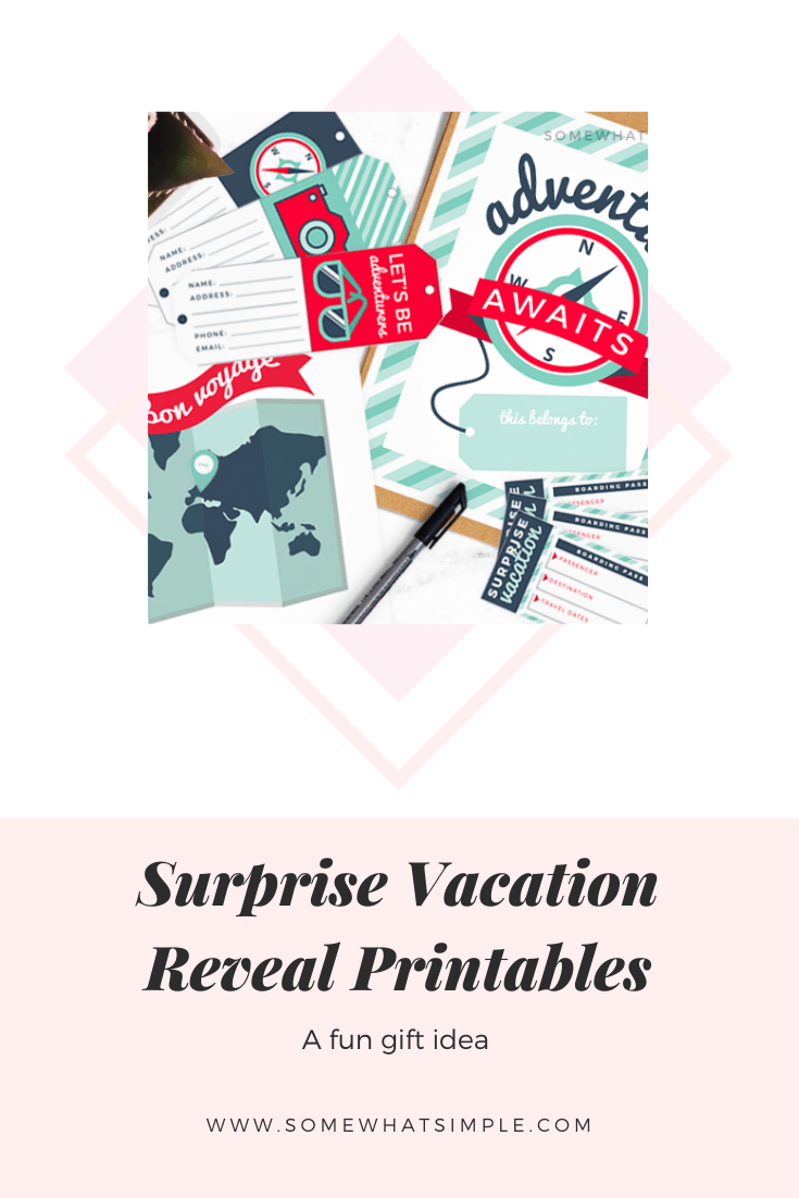 Looking to gift someone with a surprise vacation? Then we've got the perfect printables to help you make the surprise vacation reveal even more special! This easy gift idea is perfect for Christmas, a birthday, anniversary or any other special occasion. via @somewhatsimple