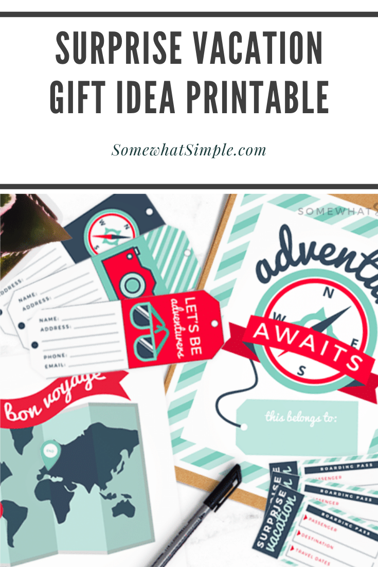 Looking to gift someone with a surprise vacation? Then we've got the perfect printables to help you make the surprise vacation reveal even more special! This easy gift idea is perfect for Christmas, a birthday, anniversary or any other special occasion. via @somewhatsimple