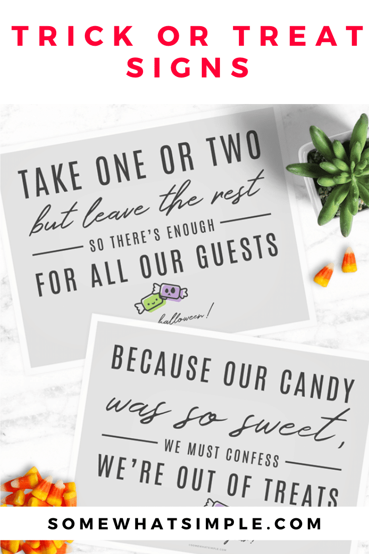 We love these simple Halloween Candy Signs! Just print and place, and let Trick or Treaters know how many pieces to take, and when you're out of candy! Download your free copies today! You'll get both the Take One and the Out Of Candy signs. #outofcandysign #halloweencandysign #nocandysign #signtoleaveoutwithhalloweencandy #halloweencandyfreeprintable via @somewhatsimple