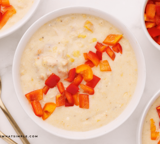 Turkey Corn Chowder in a white bowl
