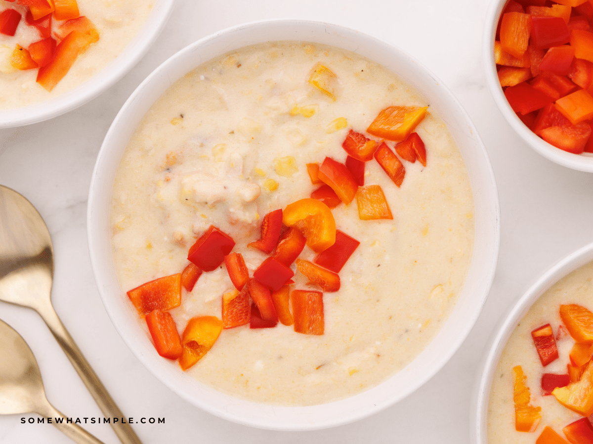 Turkey Corn Chowder in a white bowl