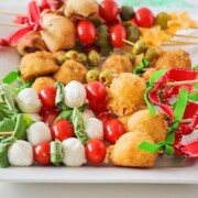 holiday decorated antipasto skewers on a tray
